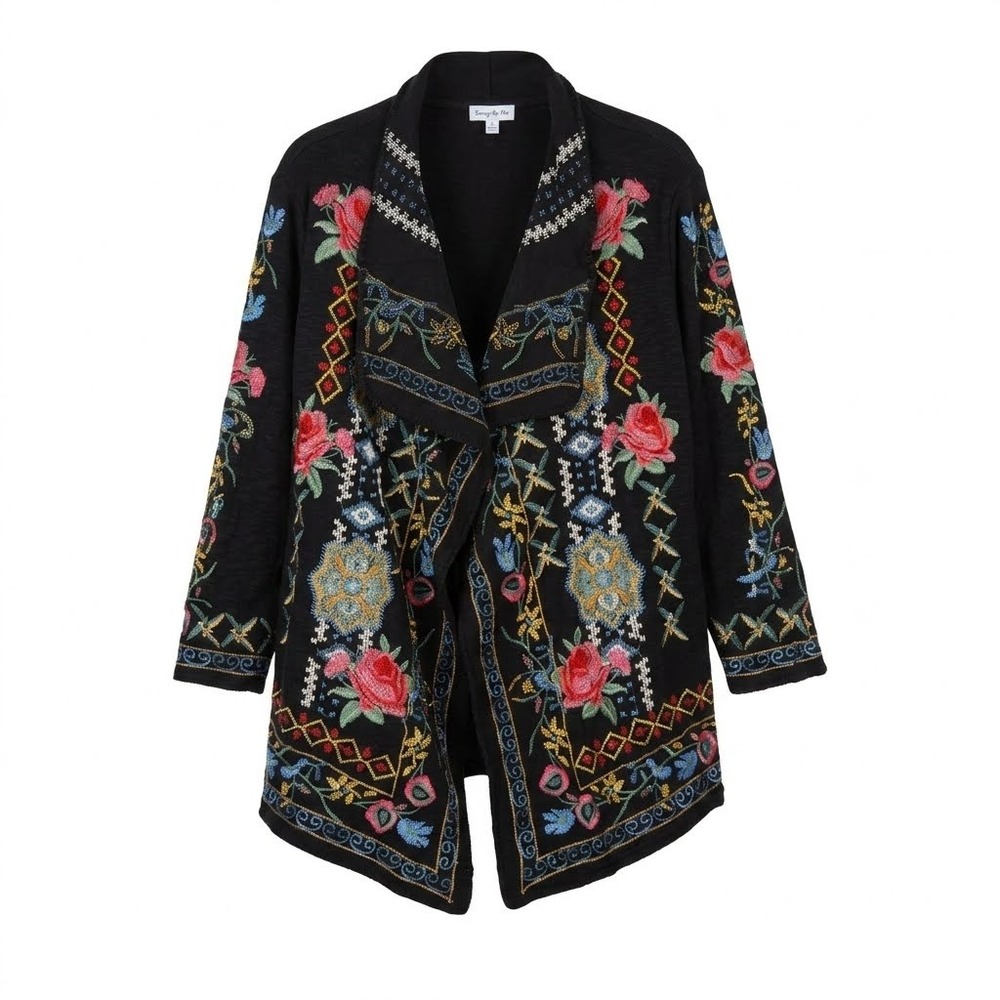 New Time for Me Embroidered Floral Cardigan 1X Black Cotton Open Front New‎